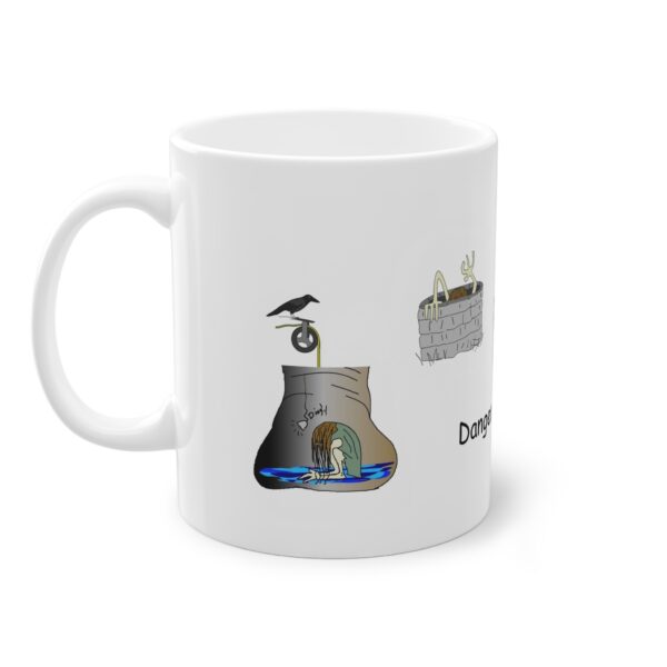 A white mug with some images of a cat and a bird