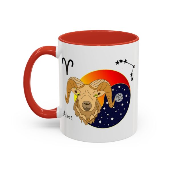 A red and white mug with an aries zodiac sign on it.