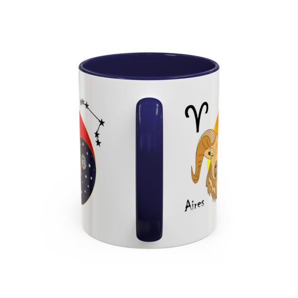 A blue and white mug with an image of a dog.