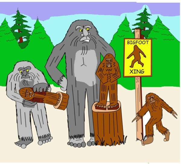 Bigfoot family examine chainsaw art statues