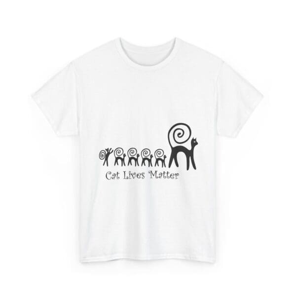 A white t-shirt with an image of a cat walking