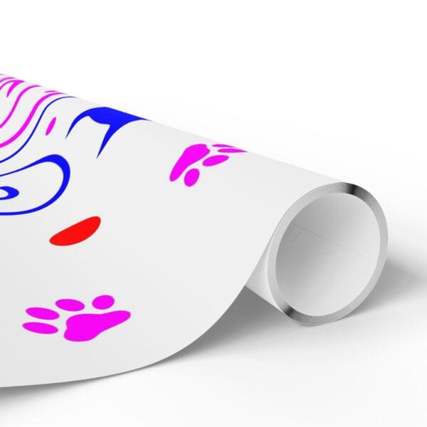 A roll of wrapping paper with pink, blue and red designs.