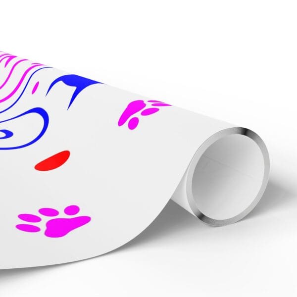 A roll of wrapping paper with a picture of a woman 's face and paw prints.