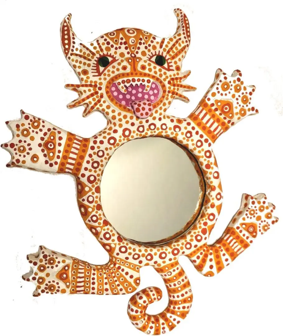 A mirror with an orange cat on it's back.