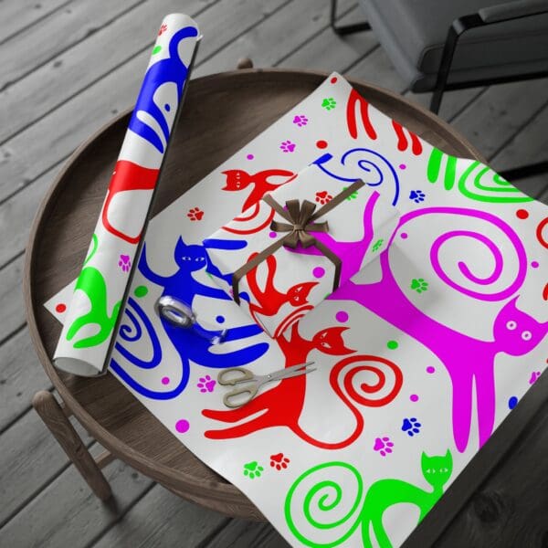 A colorful gift wrap sitting on top of a table.