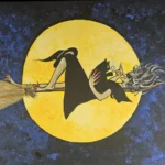 Witch flying on broomstick with black cat.