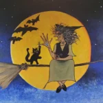 Witch on broomstick with black cat.