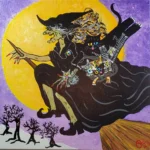 Witch flying on broomstick with cats.