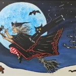 Witch flying with cats under moonlight.