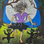 Dancing witch surrounded by playful black cats.