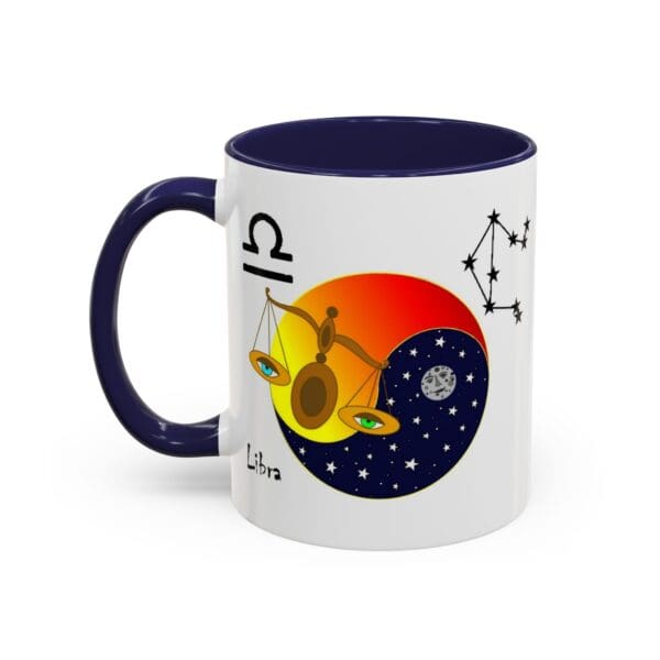 Libra-themed mug with scales and stars.