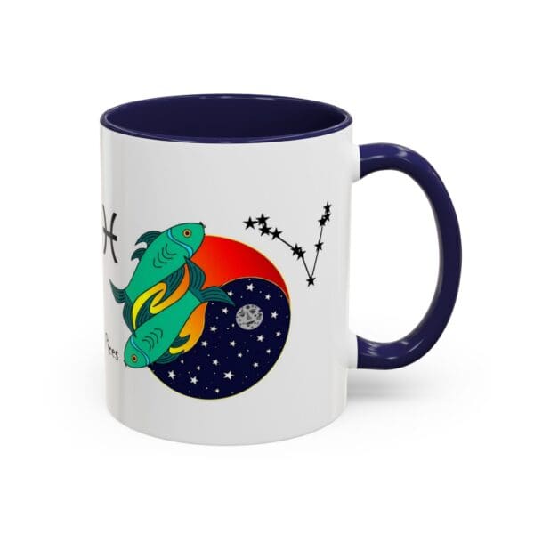 Colorful mug featuring zodiac signs and fish.