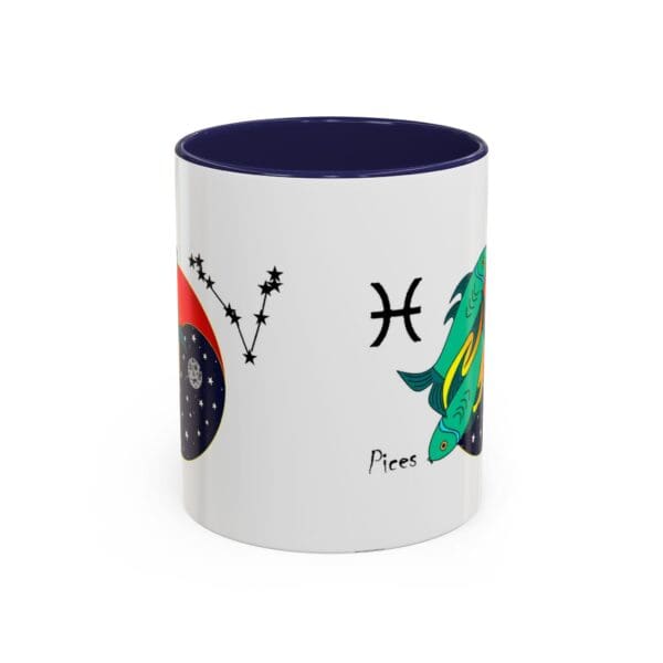 Astrology-themed mug featuring Pisces symbol and fish.