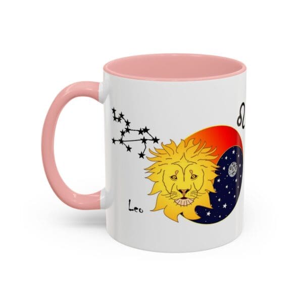 Leo-themed coffee mug with celestial design.