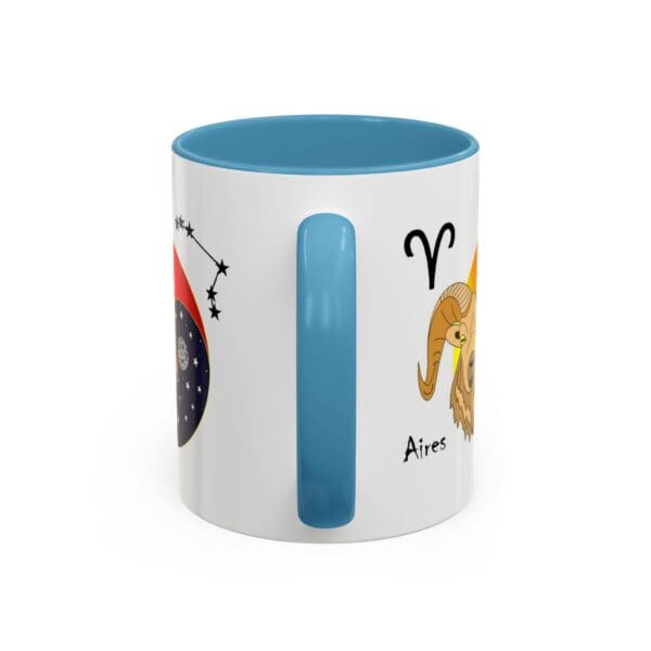 Colorful mug featuring Aries zodiac design.