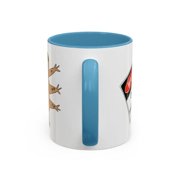 Mug with playful snail illustration and blue handle.