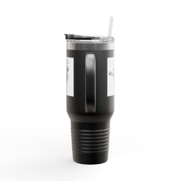 Black insulated mug with a straw.