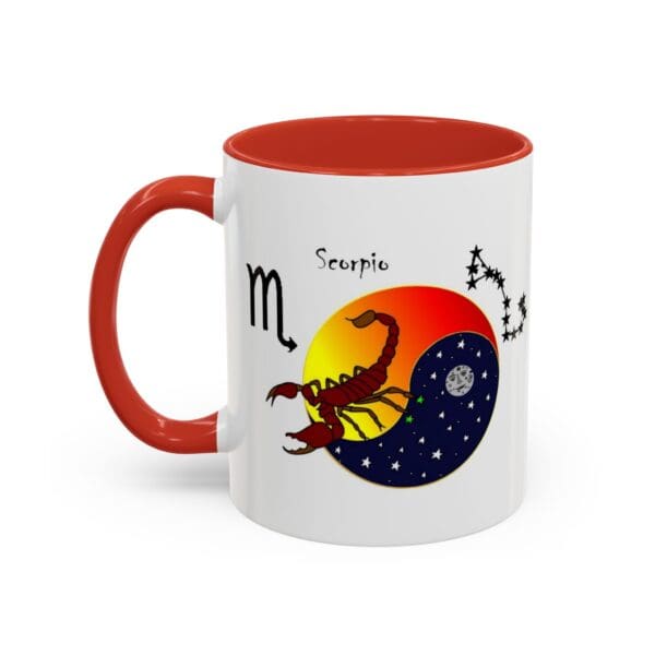 Scorpio-themed mug with red handle and interior.