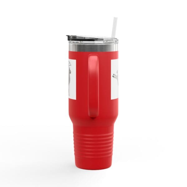 Red travel mug with black straw.