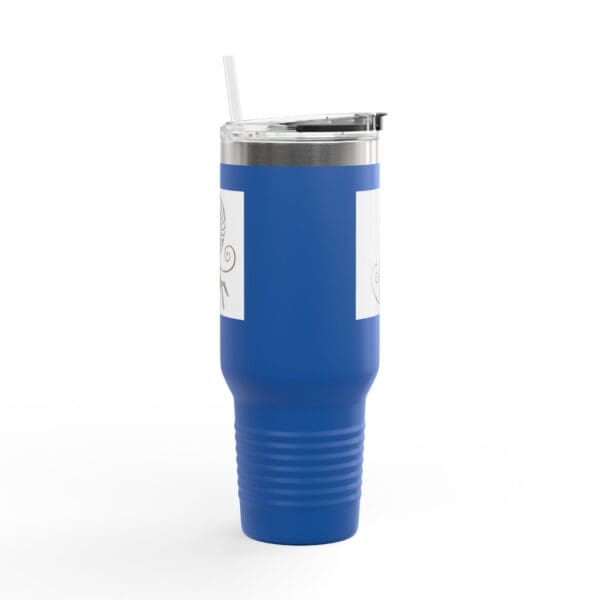 Blue insulated tumbler with straw.