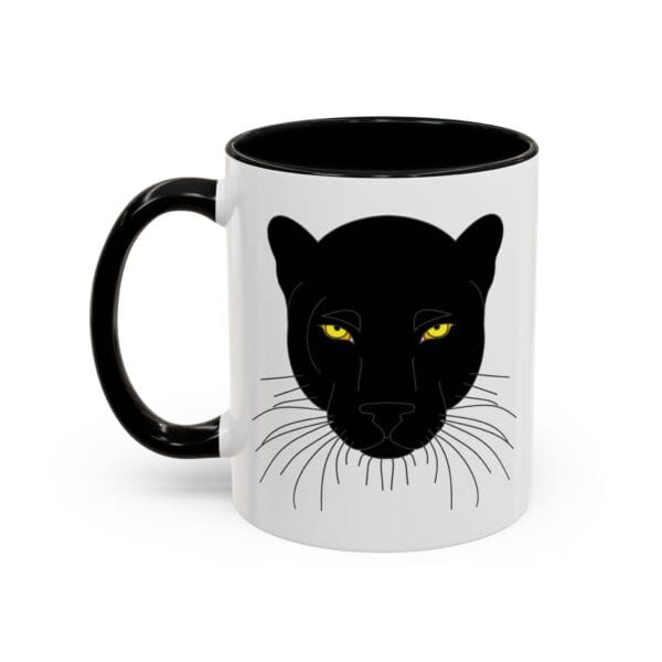 Black panther graphic on a coffee mug.