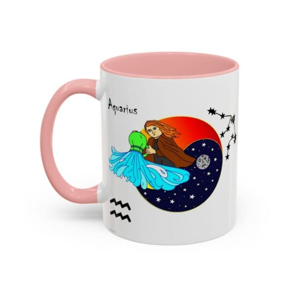 Aquarius-themed mug with whimsical illustrations.