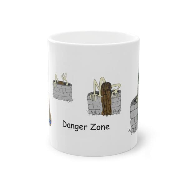 Cartoon characters in danger zones mug.