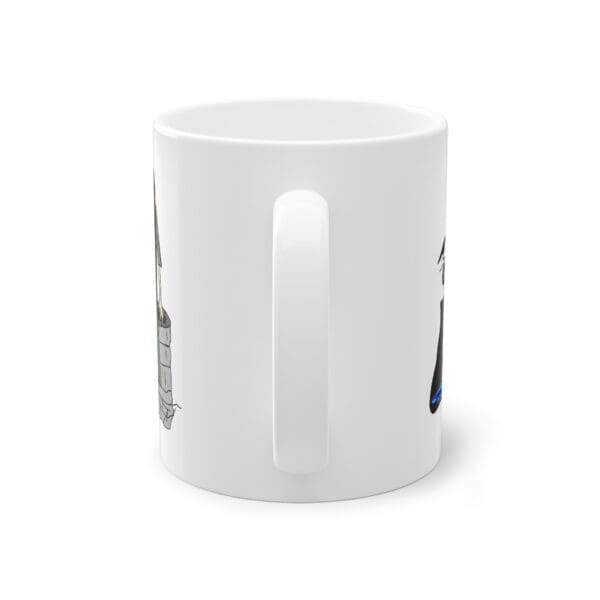 White mug with artistic designs on sides.