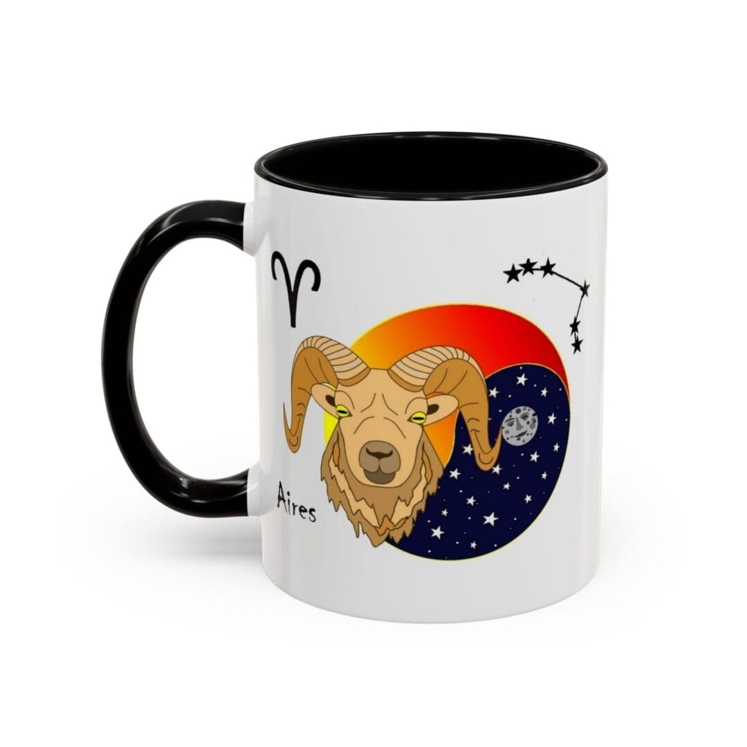 A mug featuring the Aries zodiac sign.