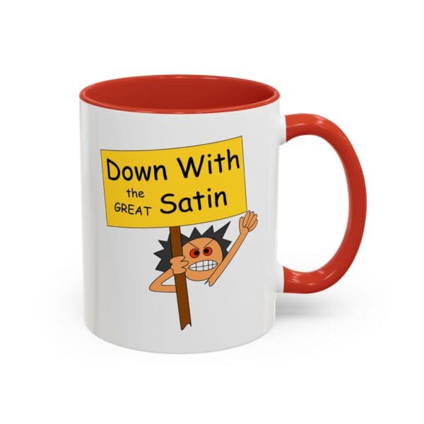 Cartoon mug with protest sign graphic.