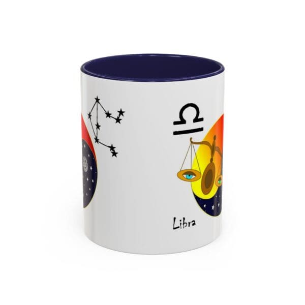 Libra-themed mug with astrological symbols.