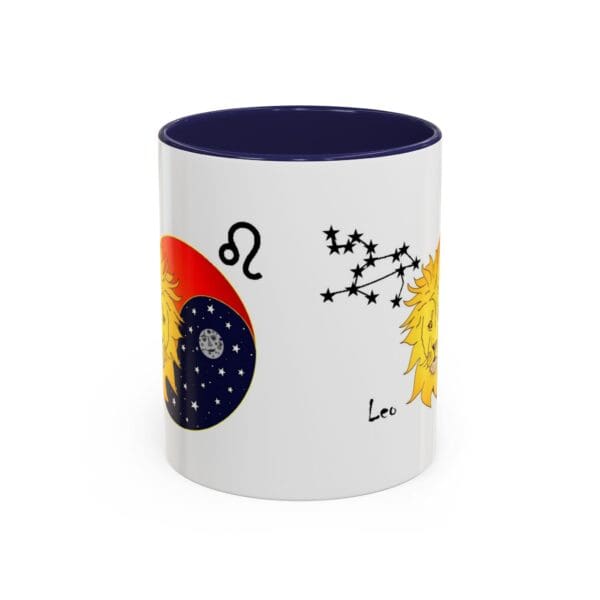 Leo zodiac themed mug with lion design.