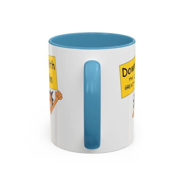 Mug with cartoon characters and slogans.