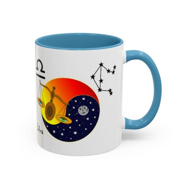 Libra-themed mug with astrological designs.