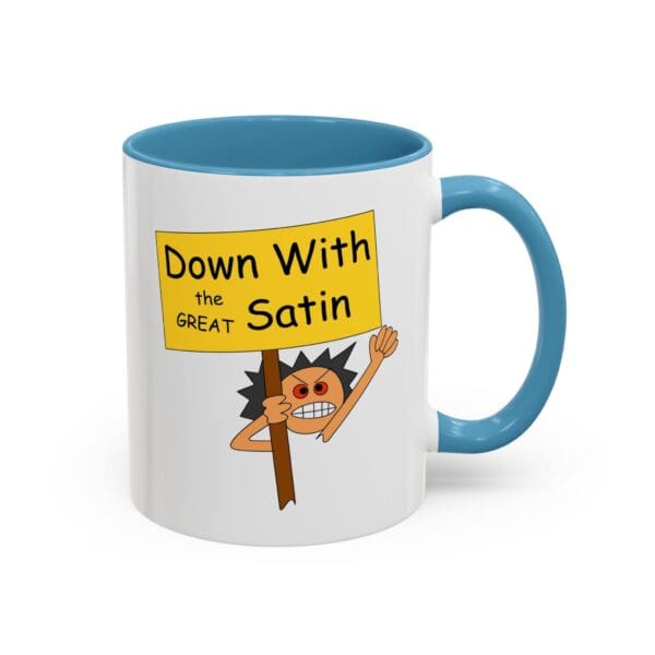 Mug with cartoon character holding protest sign.