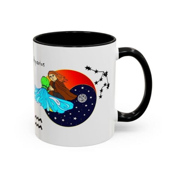 Aquarius-themed mug with colorful illustrations.