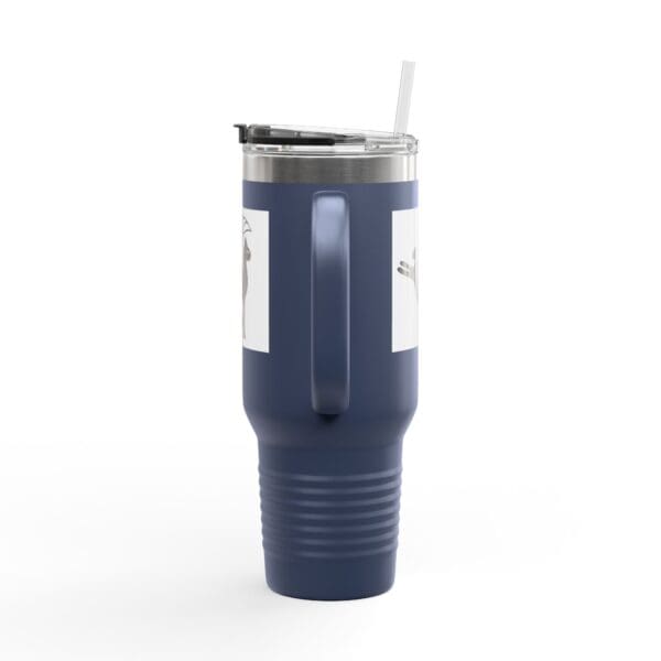 Blue travel mug with straw and images.