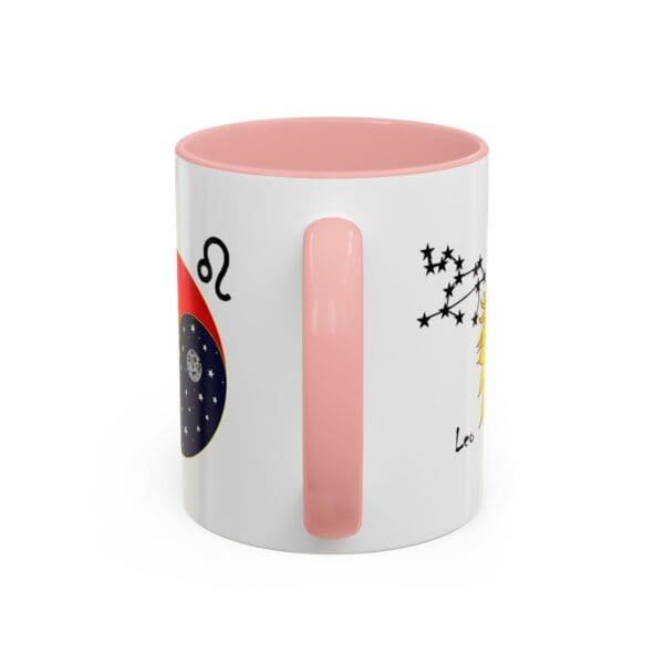 Astrology-themed mug with pink handle.