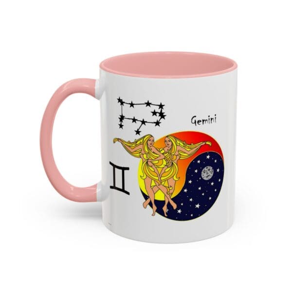 Gemini-themed mug with colorful design.