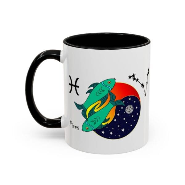 Pisces-themed coffee mug with colorful design.