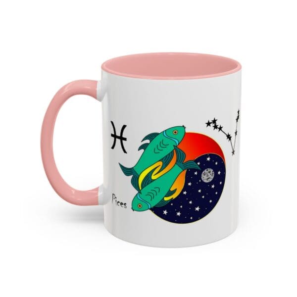 Pisces-themed mug with fish illustration.