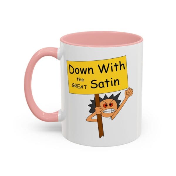 Cartoon mug with protest sign illustration.