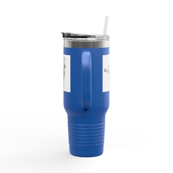 Blue insulated mug with a straw.