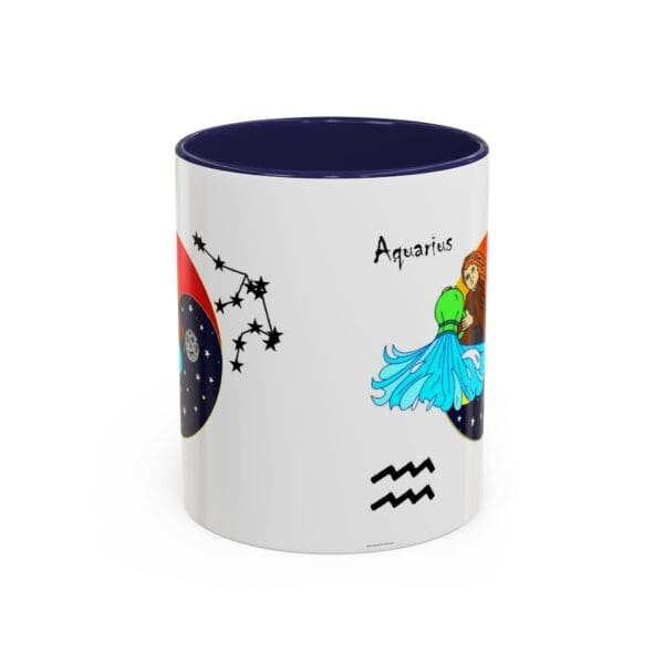 Aquarius-themed mug with colorful designs.