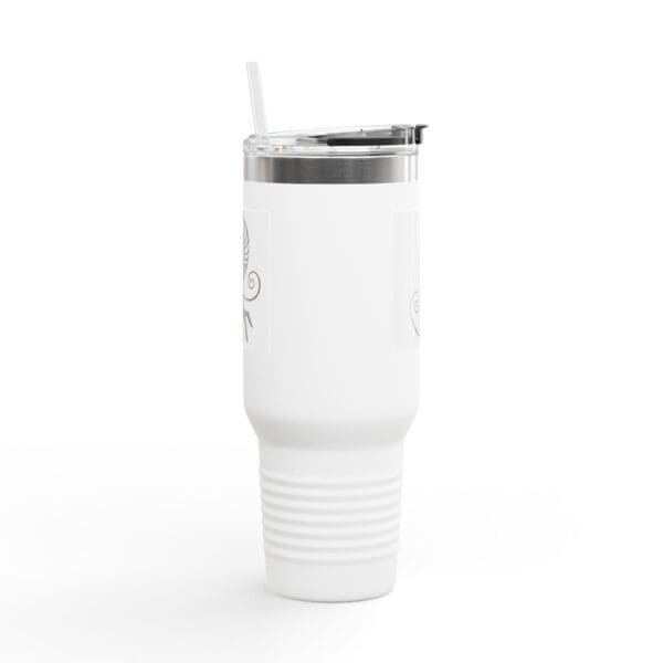 White tumbler with straw and lid.