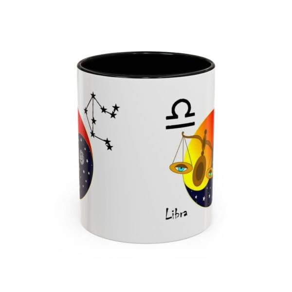 Libra-themed mug with astrology symbols.