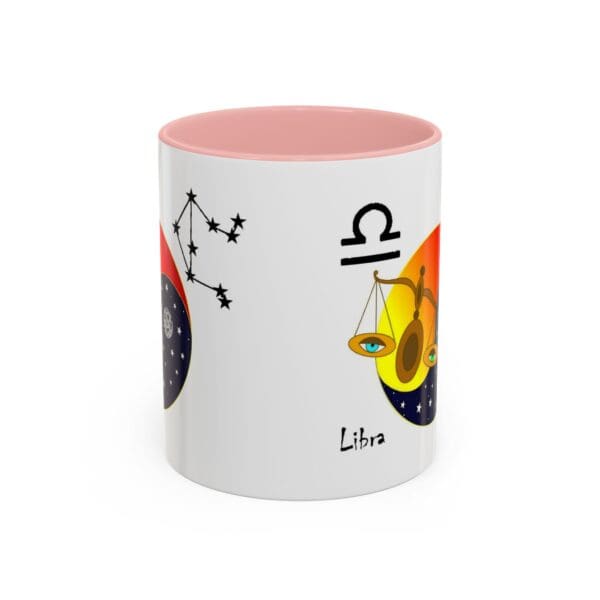 Libra-themed mug with constellation and scales.