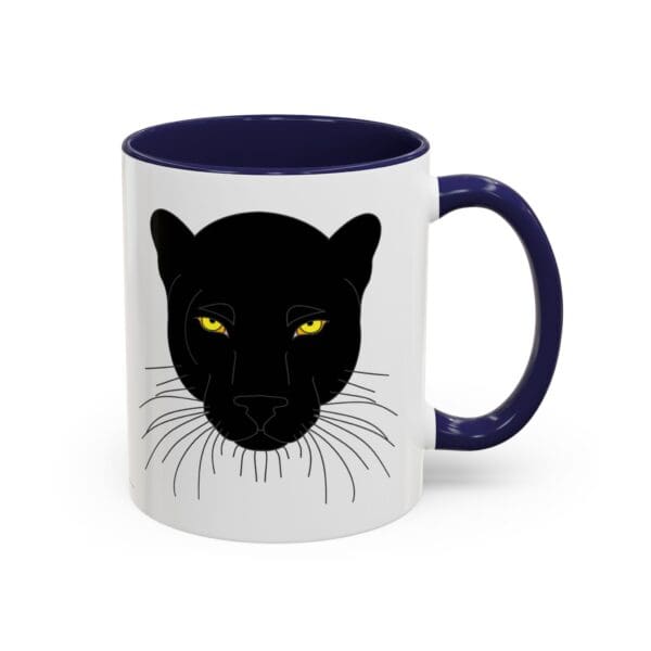 Black panther design on a coffee mug.