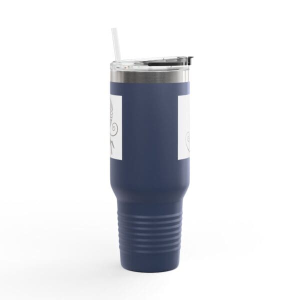 Blue insulated tumbler with straw.