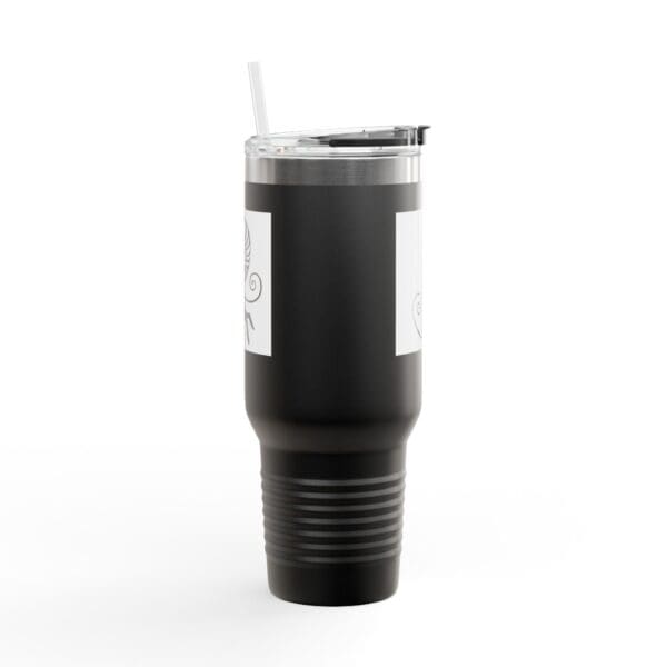 Black insulated tumbler with a straw.